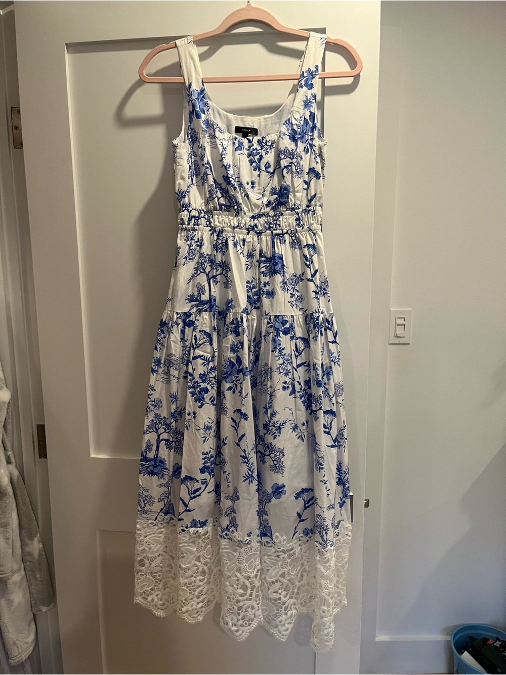 Aqua White Maxi Dress with Blue Floral Print and Lace Hem